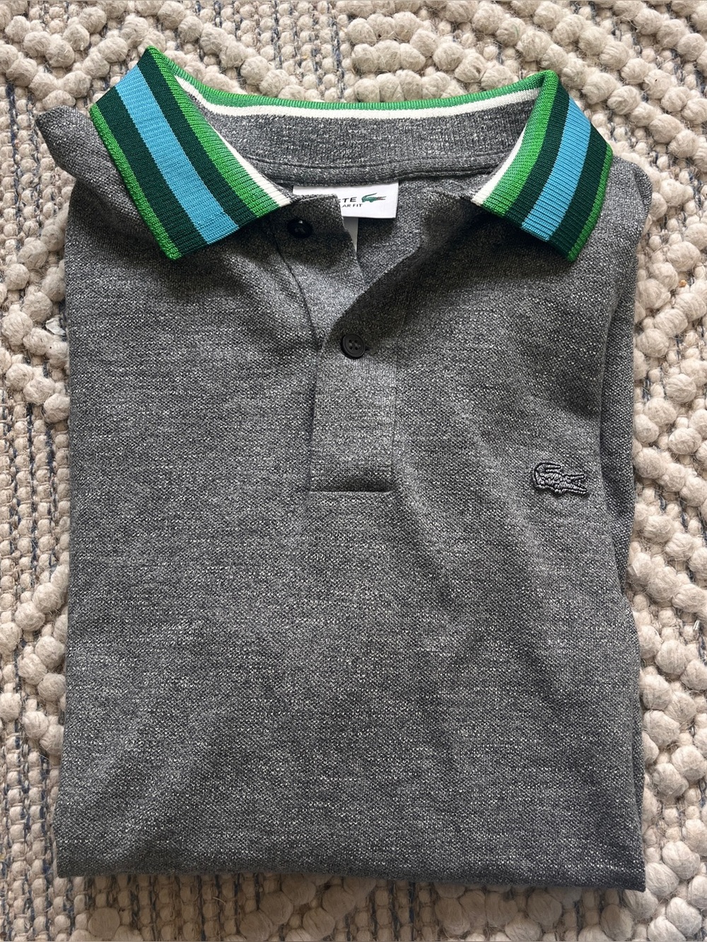 Lacoste Grey Polo with Green & Blue Striped Collar, like new, men’s, sz large